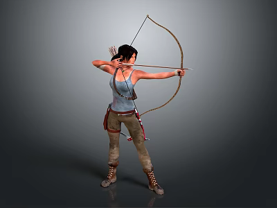 Female Archer Drawing Bow and Aiming Arrow in Tactical Outfit Ready for Action 3d model