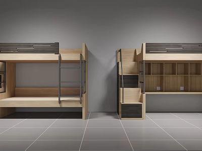 Modern Wooden Bunk Beds With Ladder Step Staircase And Storage Cabinets 3d model
