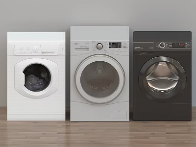 Three Modern Washing Machines in White Light Gray and Black on Wooden Floor 3d model