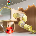 Indoor House Shaped Play Equipment With Colorful Windmill Yellow Slide Spiral Staircase And Spinning Tops