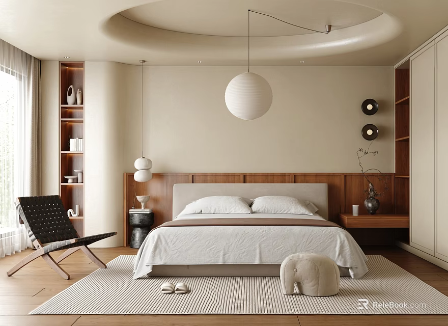 Modern Bedroom Interior With Wooden Headboard Pendant Light Accent Chair And Cozy Rug 3d model 