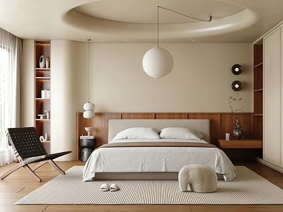 Modern Bedroom Interior With Wooden Headboard Pendant Light Accent Chair And Cozy Rug 3d model