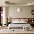 Modern Bedroom Interior With Wooden Headboard Pendant Light Accent Chair And Cozy Rug