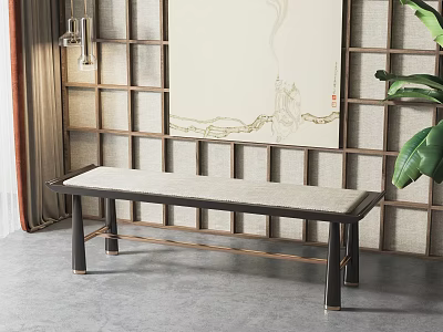 Modern Chinese Style Indoor Footstool With Lattice Background Hanging Painting And Green Plant 3d model