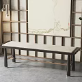 Modern Chinese Style Indoor Footstool With Lattice Background Hanging Painting And Green Plant