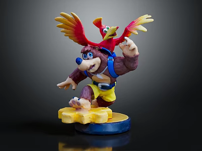 Cartoon Bear Action Figure With Colorful Bird On Back And Yellow Blue Base 3d model
