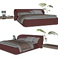 Modern Burgundy Double Bed with Soft Pillows Bedding and Elephant Figurine Green Plant