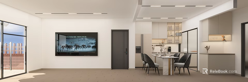 Modern Dining Room Interior With Marble Table And Gray Chairs TV Wall 3d model 