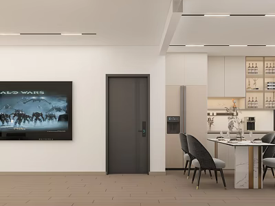 Modern Dining Room Interior With Marble Table And Gray Chairs TV Wall 3d model