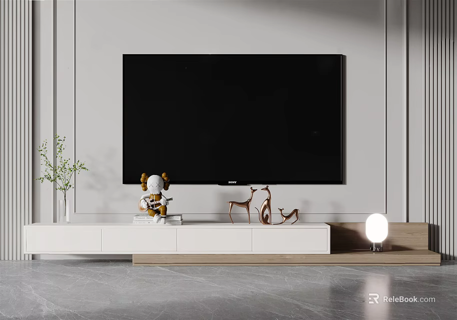 Modern White TV Stand in Minimalist Living Room With TV Decorations Plant and Floor Lamp 3d model 