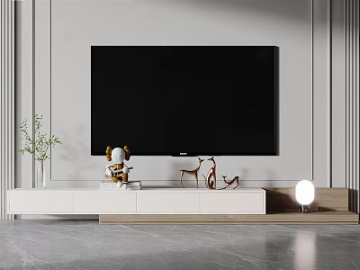 Modern White TV Stand in Minimalist Living Room With TV Decorations Plant and Floor Lamp 3d model