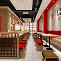 Chinese Restaurant Interior With Red Stools Wooden Tables And Counter Decor