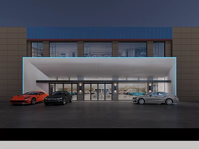 Illuminated 4S Dealership Exterior At Night With Parked Cars Near Entrance 3d model