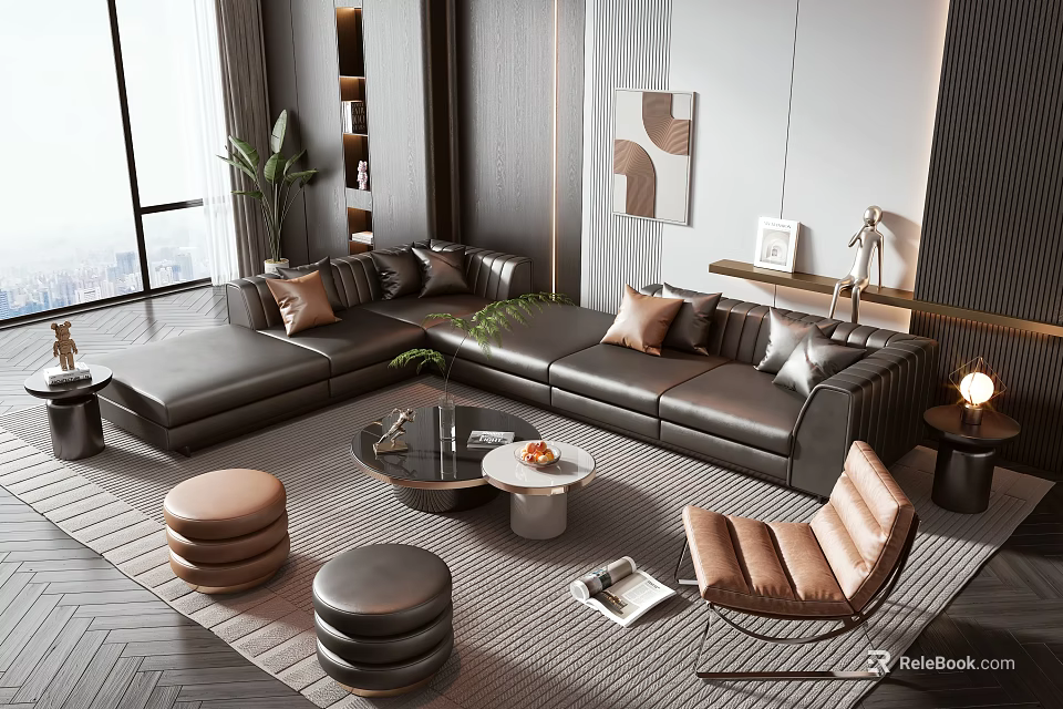Modern Black Leather Sofa Coffee Table Set With Brown Gray Cushions Ottomans Armchair Living Room 3d model 