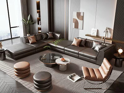 Modern Black Leather Sofa Coffee Table Set With Brown Gray Cushions Ottomans Armchair Living Room 3d model
