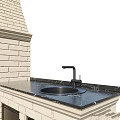 Outdoor Brick Kitchen With Black Countertop Chimney Faucet And Lid Covered Grill