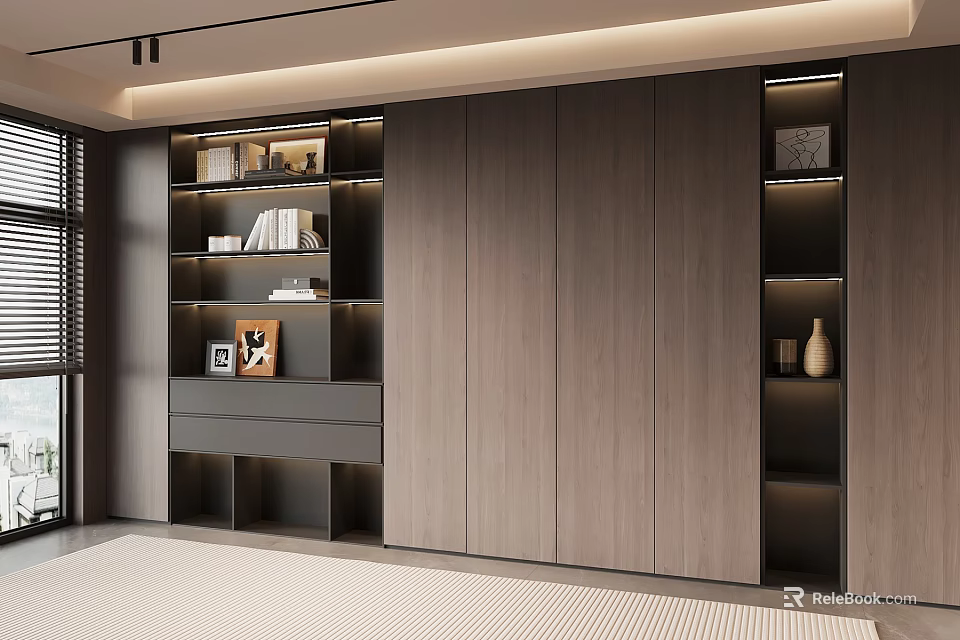 Modern Wooden Built in Bookcase With Drawers Decorative Shelves And Lighting 3d model 