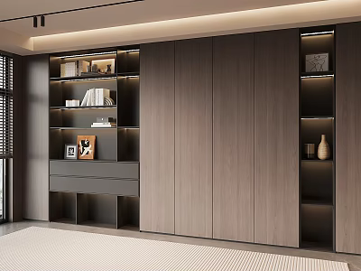 Modern Wooden Built in Bookcase With Drawers Decorative Shelves And Lighting 3d model