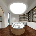 Elegant Jewelry Store Interior With Round Glass Display Counter Shelves And Displayed Jewelry