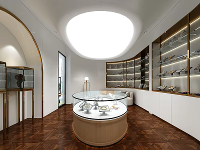 Elegant Jewelry Store Interior With Round Glass Display Counter Shelves And Displayed Jewelry 3d model