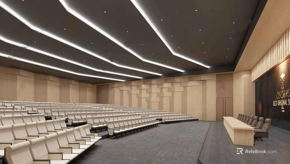 Modern Conference Room Interior With Rows of Seats Linear Ceiling Lights and Wooden Panel Walls 3d model 