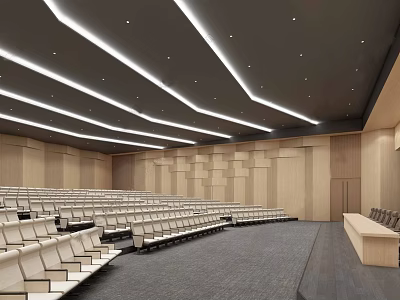 Modern Conference Room Interior With Rows of Seats Linear Ceiling Lights and Wooden Panel Walls 3d model