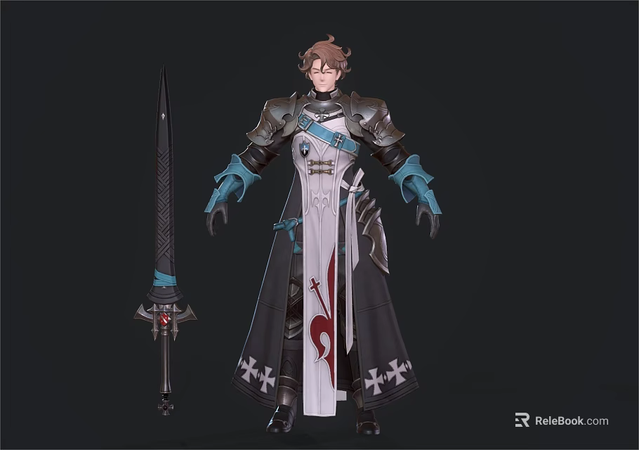 Human Warrior Character With Brown Hair In Blue White Armor And Cross Patterned Sword 3d model 