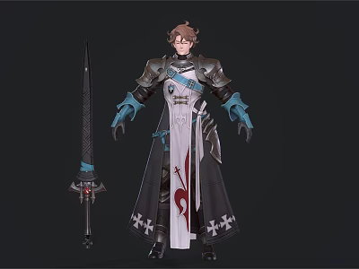 Human Warrior Character With Brown Hair In Blue White Armor And Cross Patterned Sword 3d model