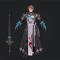 Human Warrior Character With Brown Hair In Blue White Armor And Cross Patterned Sword