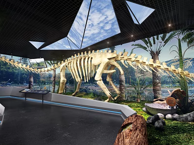 Dinosaur Skeleton Museum Exhibit With Glass Skylights Palm Trees Background Landscape And Display Tables 3d model