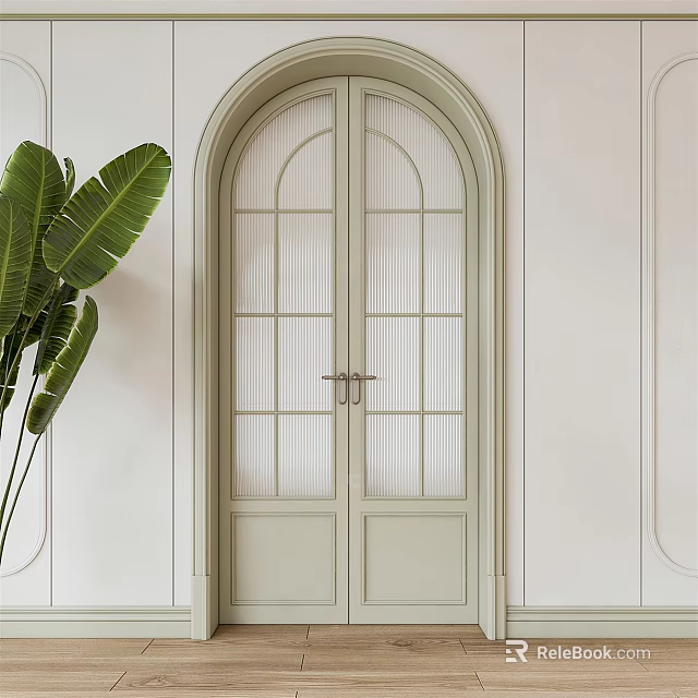 Arched Light Green Glass Pane Double Doors In Minimalist White Wall Interior With Green Plants 3d model 