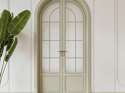 Arched Light Green Glass Pane Double Doors In Minimalist White Wall Interior With Green Plants 3d model