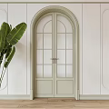 Arched Light Green Glass Pane Double Doors In Minimalist White Wall Interior With Green Plants
