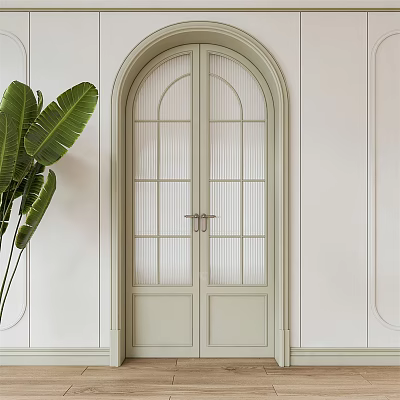 Arched Light Green Glass Pane Double Doors In Minimalist White Wall Interior With Green Plants 3d model