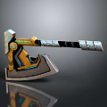 Futuristic Tech Inspired Axe With Metallic Geometric Design Yellow Blue Glowing Accents