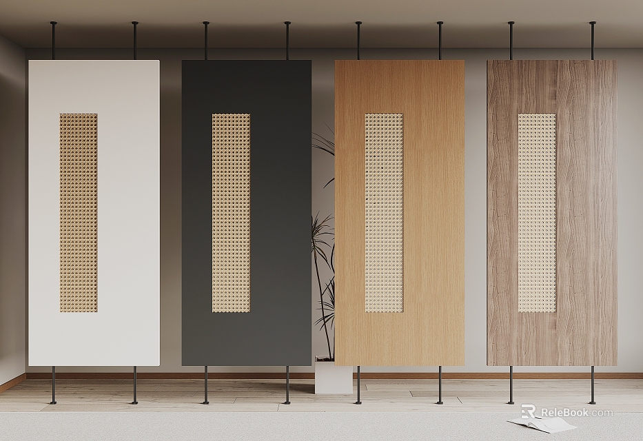 Multiple Room Dividers With Vertical Rattan Panels In White Black And Natural Wood Tones 3d model 