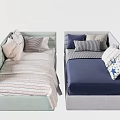 Two Single Beds Featuring Light Green Navy Blue Upholstery Striped Bedding And Pillows 3d model