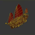 Traditional Chinese Wooden Sailing Boat With Red Sails And Decorative Lanterns