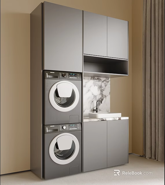 Modern Laundry Room Design With Stacked Washer Dryer Gray Cabinets And Marble Countertop 3d model 