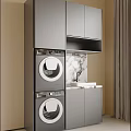 Modern Laundry Room Design With Stacked Washer Dryer Gray Cabinets And Marble Countertop