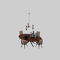 Modern Wooden Round Dining Table With White Chairs Vases Black Decorative Bowl And Chandelier
