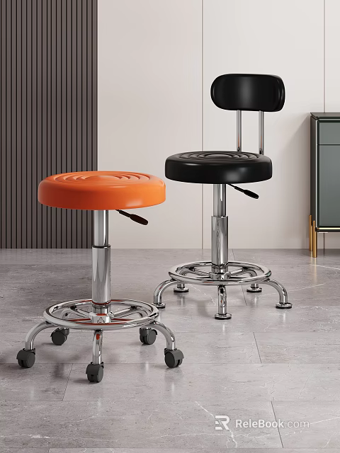 Orange and Black Adjustable Rolling Stools with Chrome Bases in Modern Interior 3d model