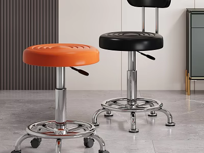 Orange and Black Adjustable Rolling Stools with Chrome Bases in Modern Interior 3d model