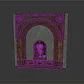 Decorative Architectural Niche With Wooden Frame Arched Design Circular Carvings Gray Background And Green Plant