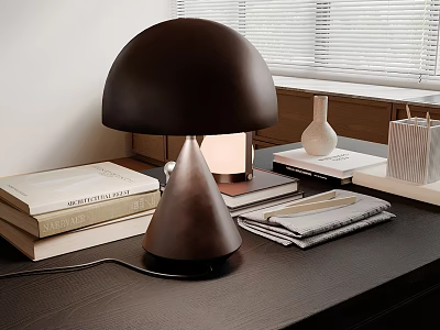 Modern Desk Scene With Black Mushroom Lamp Stacked Books And Ceramic Vase On Wooden Table 3d model