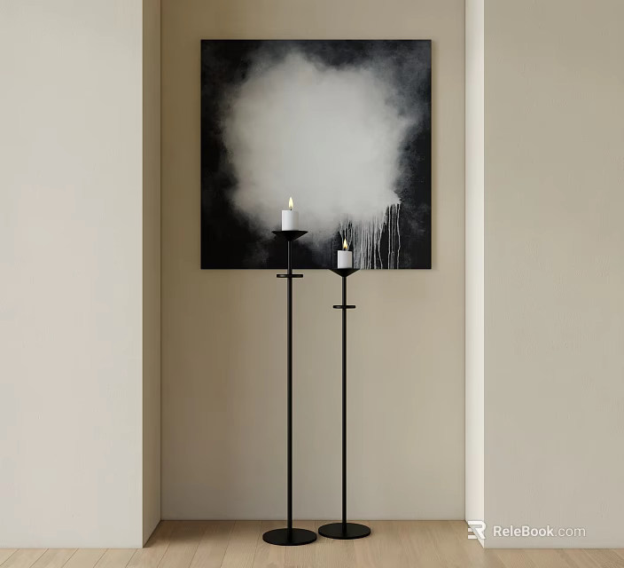 Interior With Floor Candlesticks And Wall Painting Black Background White Smoke Design 3d model 