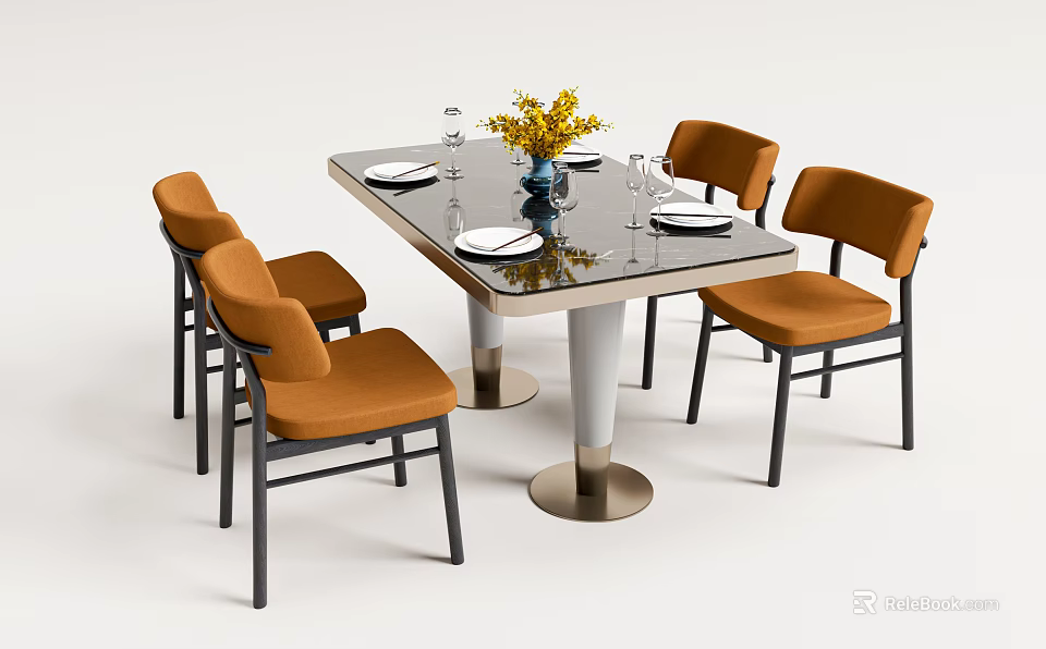 Modern Dining Table Set with Glass Top and Orange Chairs Featuring Tableware and Flower Vase 3d model 