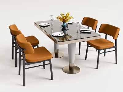 Modern Dining Table Set with Glass Top and Orange Chairs Featuring Tableware and Flower Vase 3d model