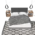 Modern Double Bed with Gray Headboard Checkered Blanket Pillows Nightstands Hanging Lights and Patterned Rug