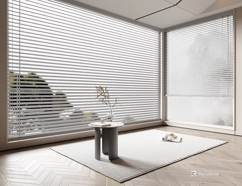 Floor-to-Ceiling Windows with White Blinds Green Trees Outside Small Round Table Rug and Herringbone Wood Flooring 3d model 
